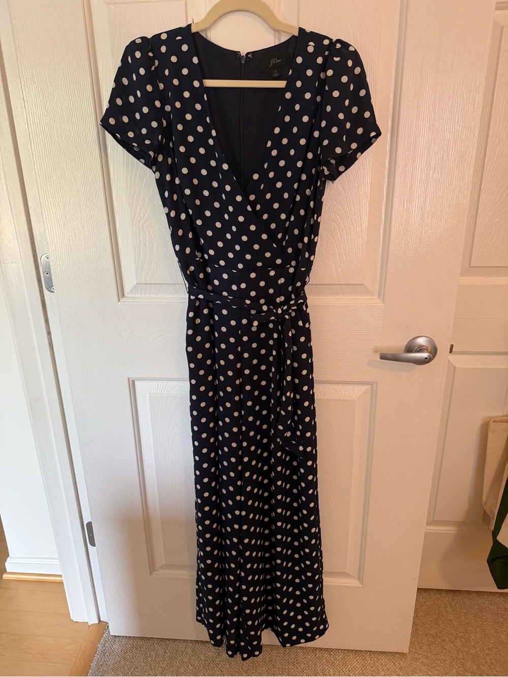 J. Crew Navy and White Polka Dot Wrap Jumpsuit